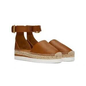 SEE BY CHLOE Tan Glyn Leather Flat Neutral Flats Shoes Gold Buckle 6.5 NEW